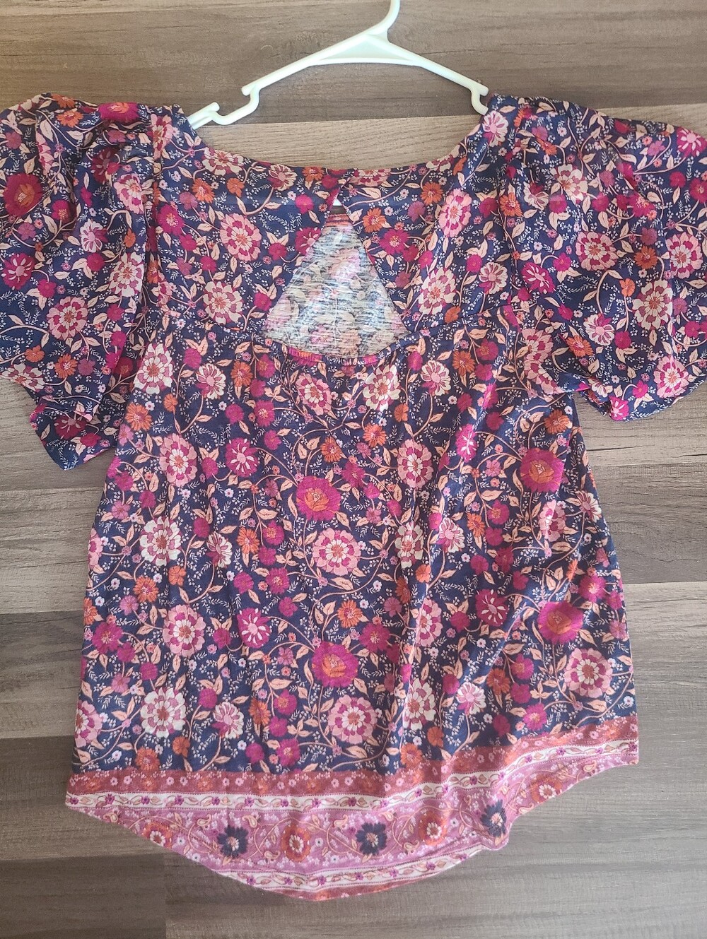Lucky Brand Navy Floral Ruffle Sleeve Blouse with Pink and Blue Accents